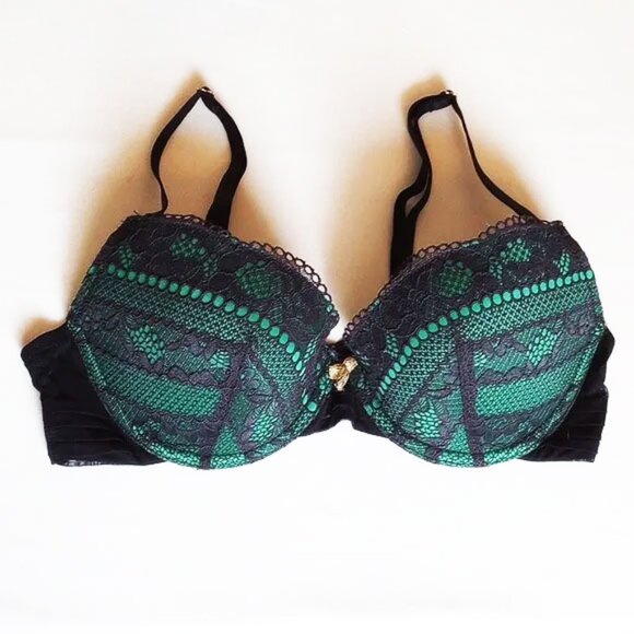 Adore Me Padded Push Up Underwire Bra 32D Black Lace Green - Picture 1 of 4